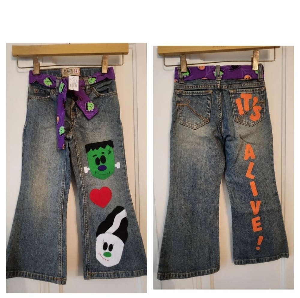 CHILDREN'S PLACE HALLOWEEN GIRL'S FALL JEANS FRANKENSTEIN FLARE DENIM S…